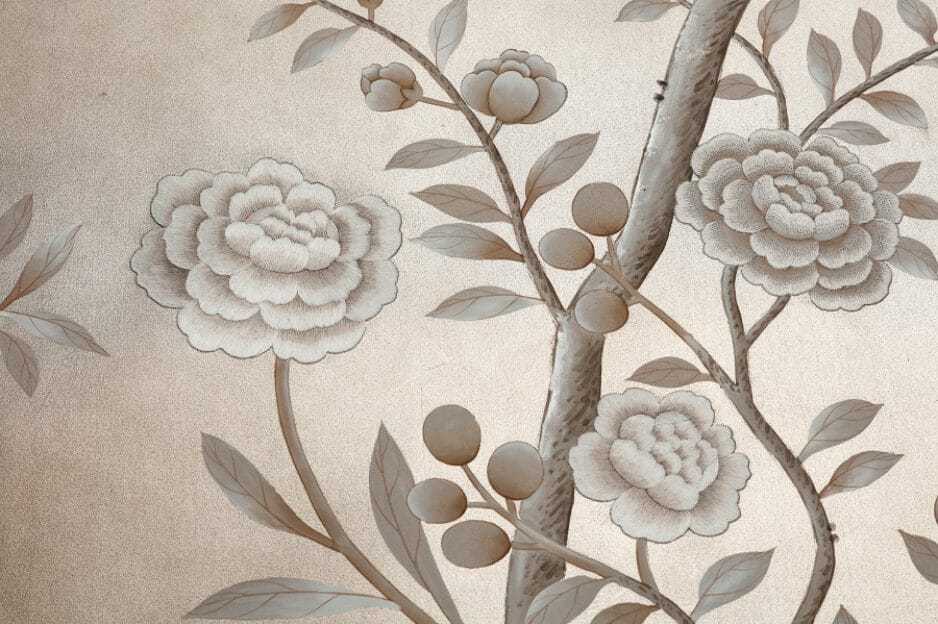 De Gournay, Salon Vert, On custom silver metallic silk with hand embroidery