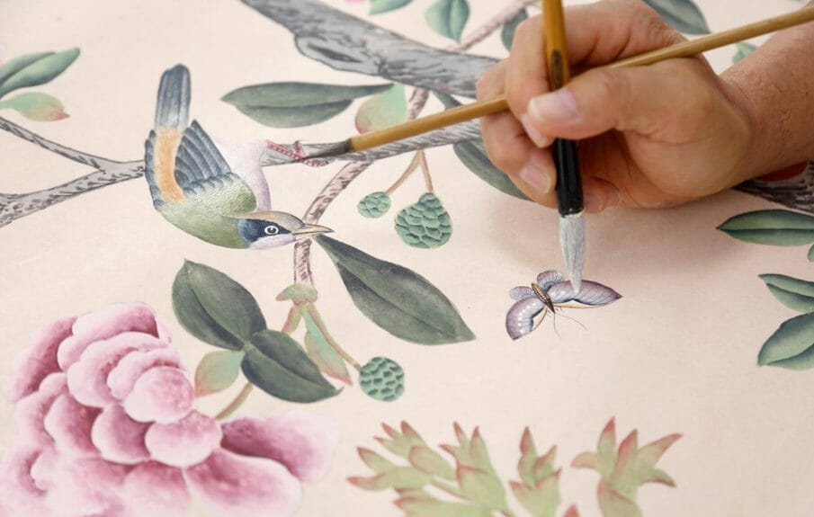 A de Gournay artist hand painted 'Houghton' in Rose colourway on Edo custom painted Xuan paper